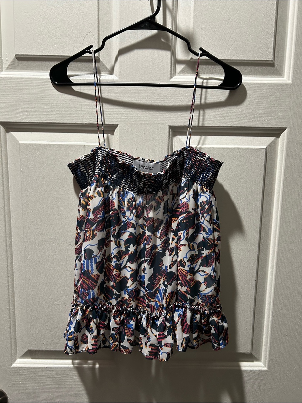 10 Crosby Derek Lam Abstract Print Smocked Ruffle Tier Spaghetti Strap Tank